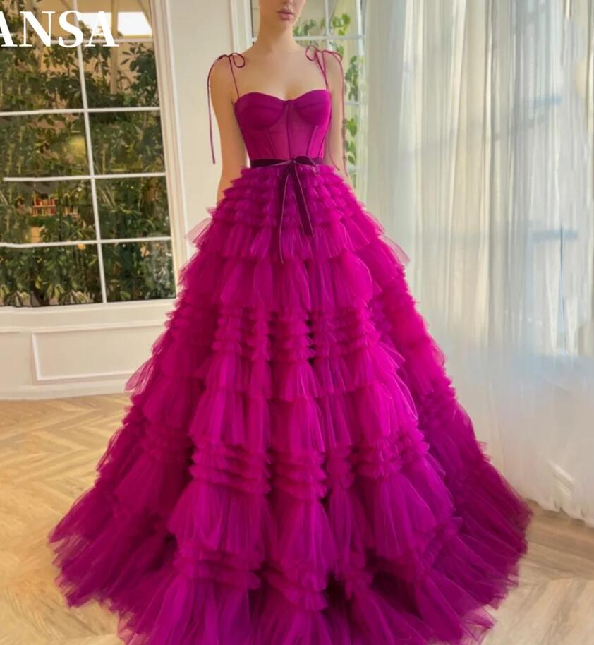 Robe de soirée trapèze en tulle fuchsia à bretelles spaghetti et à volants pour princesse bouffante et sexy PL2473 