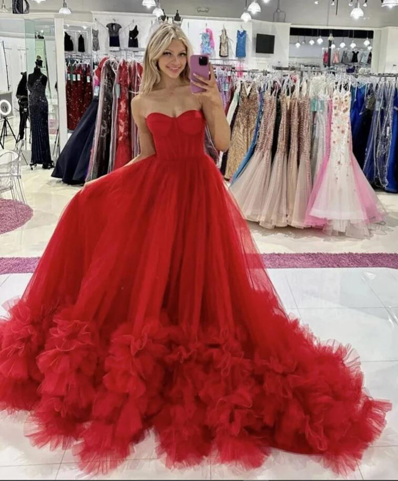 Robe de bal rouge bouffante, robe de bal en cœur, robe de mariée en cœur WD2010 