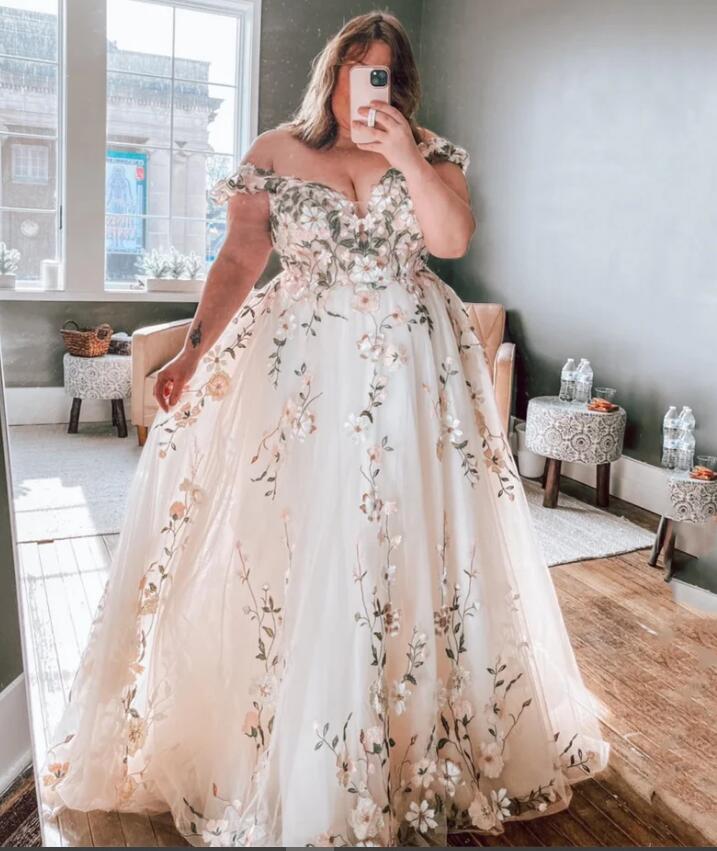 Robe de bal florale grande taille à épaules dénudées, robe de mariée trapèze à fleurs brodées, robes de soirée PL24733 