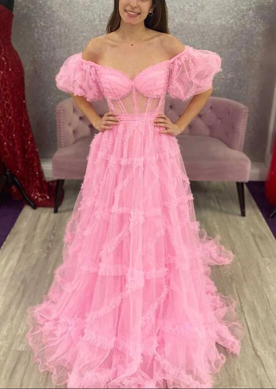 Robe de bal princesse en tulle à plusieurs niveaux et épaules dénudées, longue robe de soirée en tulle PL2479 