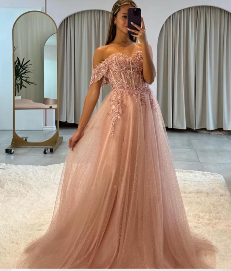 Robe de bal chic en dentelle bleu/rose pour filles, robe à épaules dénudées et perles PS1213 