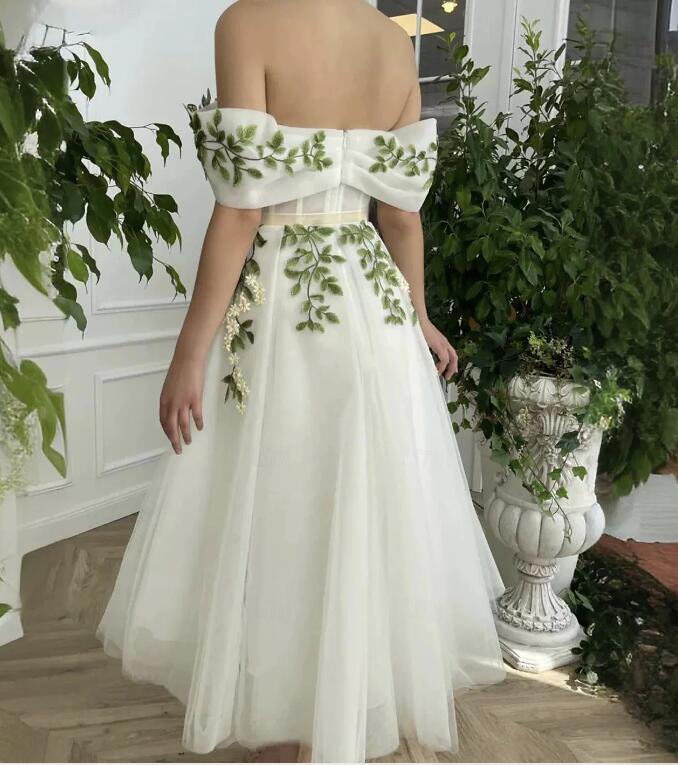Cottagecore Tea Length Ivory Prom Dress with Green Appliqued Lace SS12 Siaoryne Cottagecore Tea Length Ivory Prom Dress with Green Appliqued Lace SS12 Siaoryne
