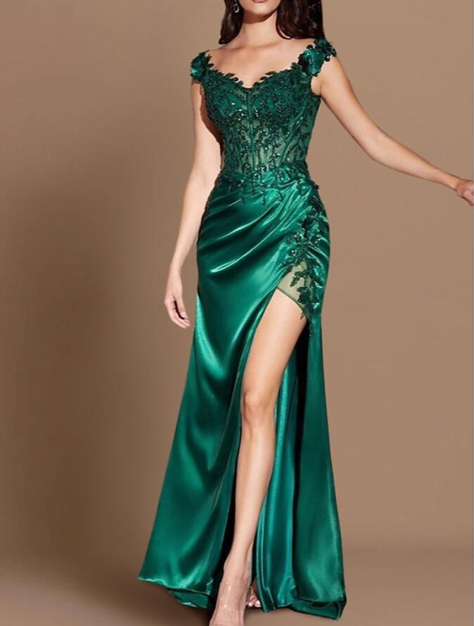 Robe de soirée longue vert foncé pour femme avec fente latérale et bretelles PL12176 
