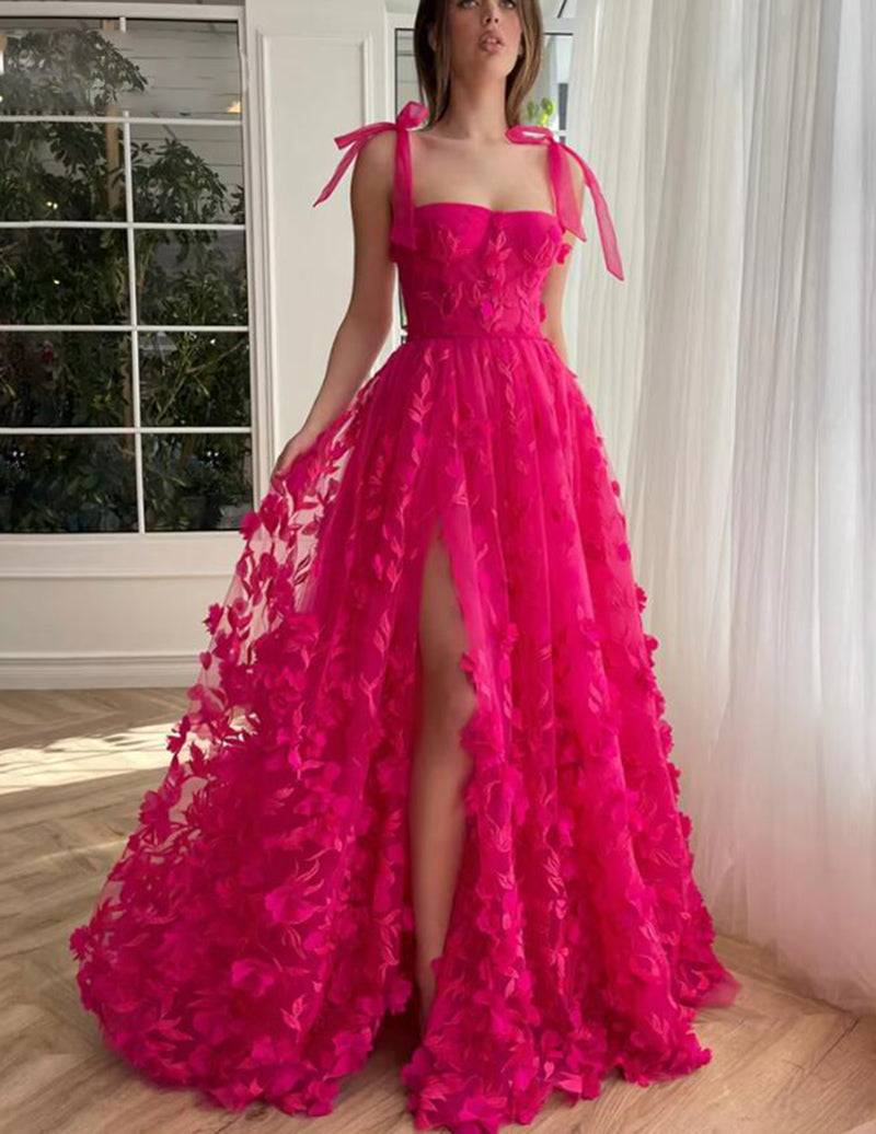 Robe de bal longue fuchsia rose vif pour filles avec appliques en dentelle PL12249 