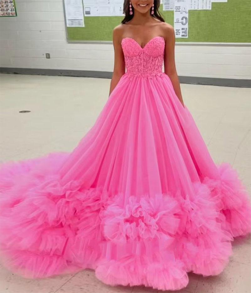 Robe de bal rose vif à décolleté en cœur 2025 PL2518 