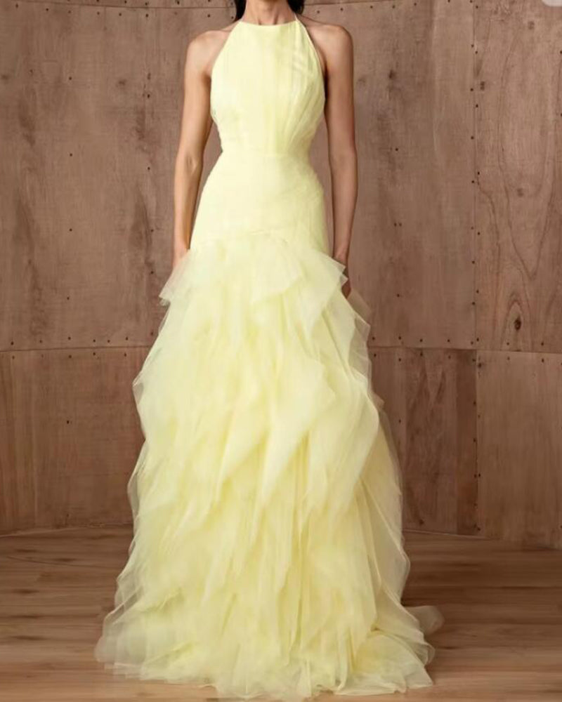 Yellow Halter Neck Multi-Layered robes de soiree Mesh Fabric A-line Party Dresses Floor-Length Prom Dress 2026
