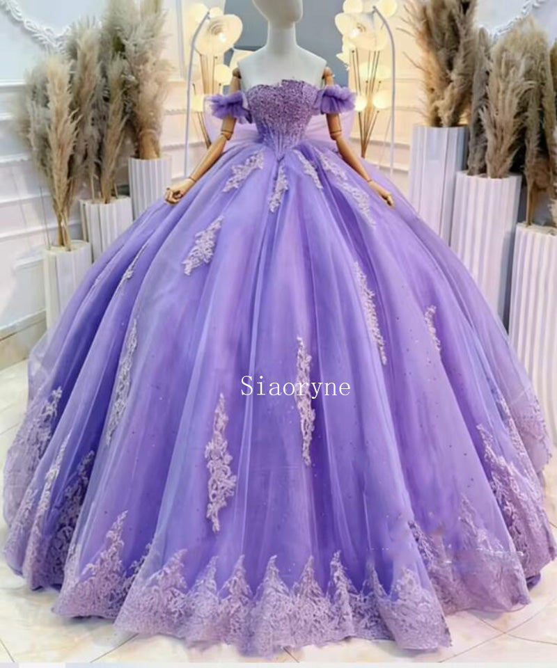 Lilac Purple Romantic Off-shoulder Quinceanera Dress Lace Applique Party Dress Shiny Party Gown 16 Customized vestidos de 15