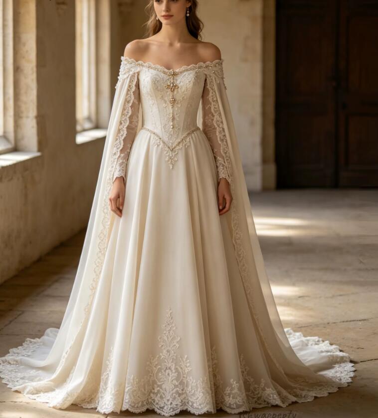 Vintage Wedding Dress Renaissance Gown with Off Shoulder Cape Sleeve WD6716