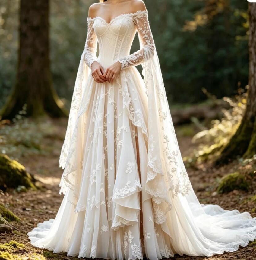 Boho Fairy Forest Wedding Dress Off The Shoulder Cape Sleeves Lace Forest Woodland Elopement Bride Dresses Medieval Country