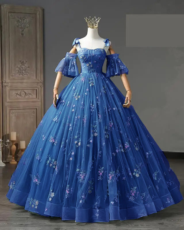 Royal Blue ball Gown Dress for Prom with Floral Lace PL1011