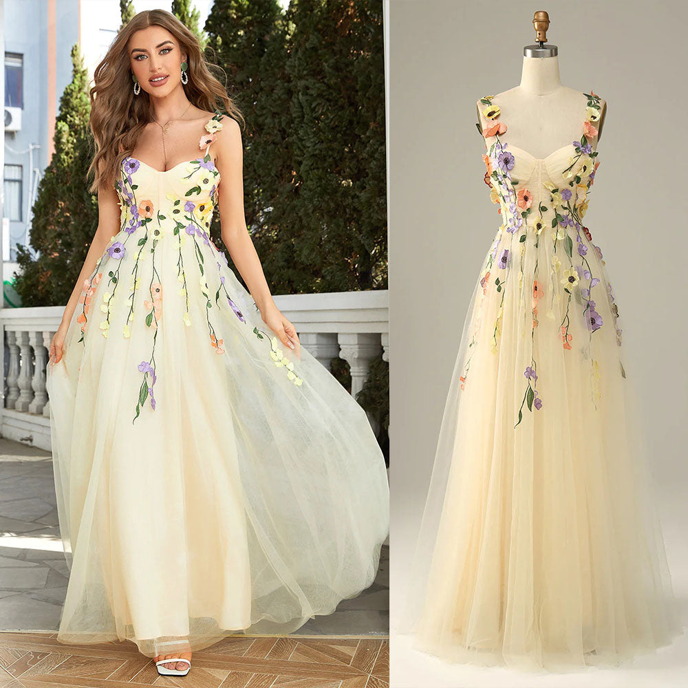 Beige Tulle Embroidery Long Homecoming Dresses Straps Formal Party Princess Gown PL38301