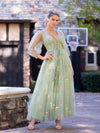 Sweetheart Embroidery Prom Dress Women A Line Tea-Length Green Tulle Puff Sleeves Floral Corset
