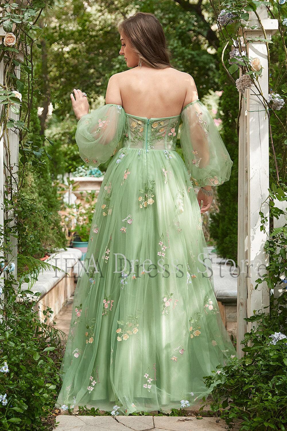 Light sage Green off the shoulder puffy sleeve floral Prom Dress long 2024 PL2364