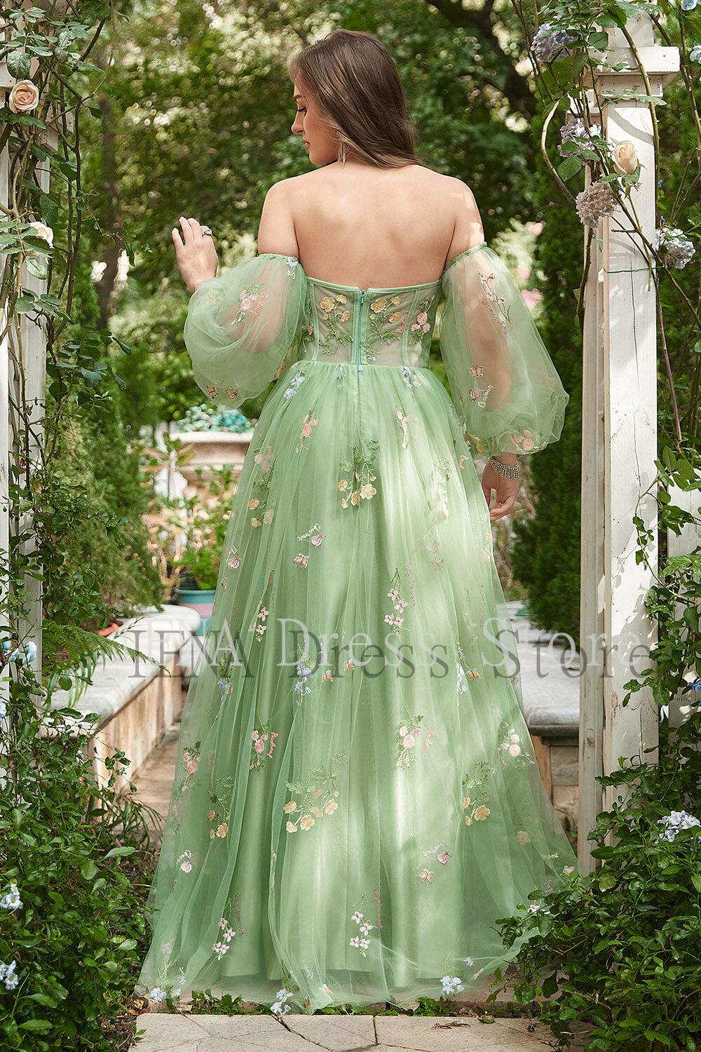 Light sage Green off the shoulder puffy sleeve floral Prom Dress long Siaoryne Light sage Green off the shoulder puffy sleeve floral Prom Dress long Siaoryne