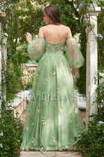 Light sage Green off the shoulder puffy sleeve floral Prom Dress long 2023 PL2364