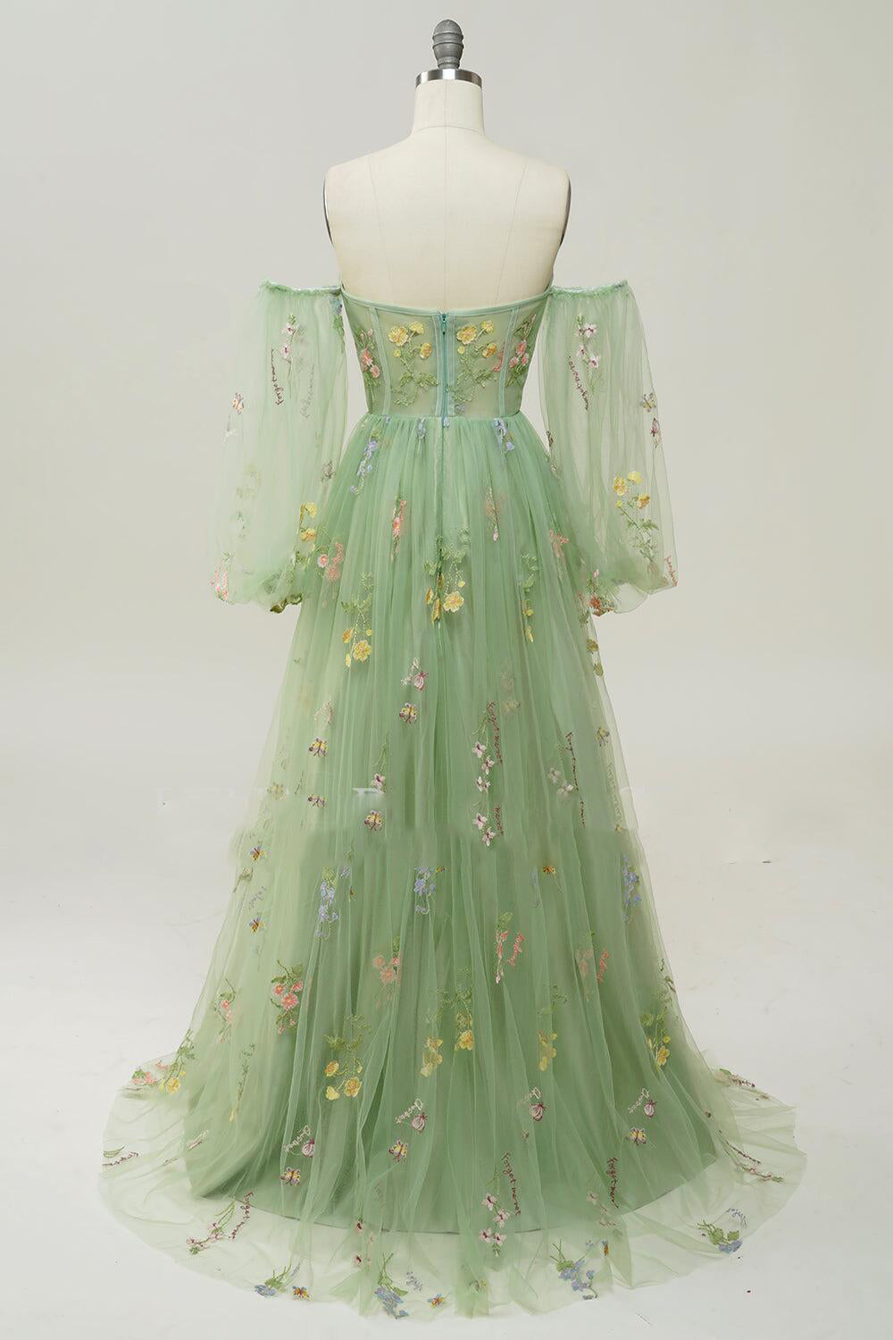 Light sage Green off the shoulder puffy sleeve floral Prom Dress long Siaoryne Light sage Green off the shoulder puffy sleeve floral Prom Dress long Siaoryne