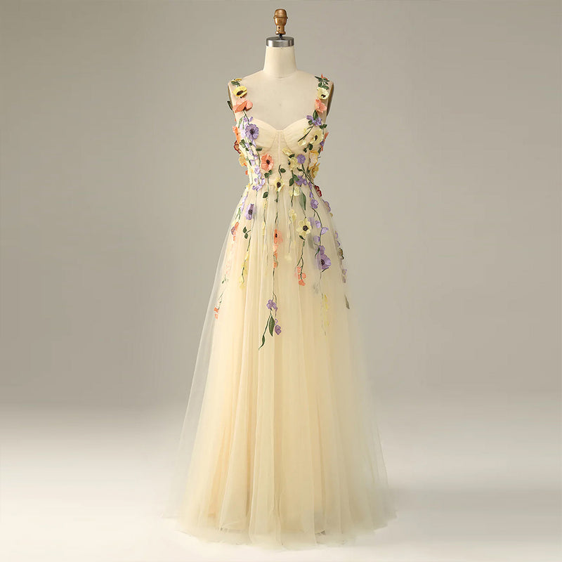 Beige Tulle Embroidery Long Homecoming Dresses Straps Formal Party Princess Gown PL38301