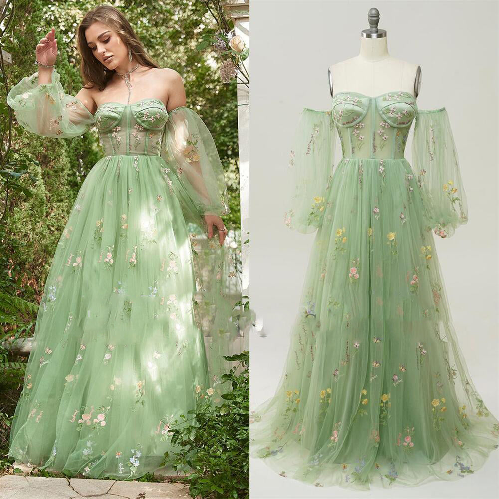 Robe de bal longue à fleurs vert sauge clair à épaules dénudées et manches bouffantes 2024 PL2364 