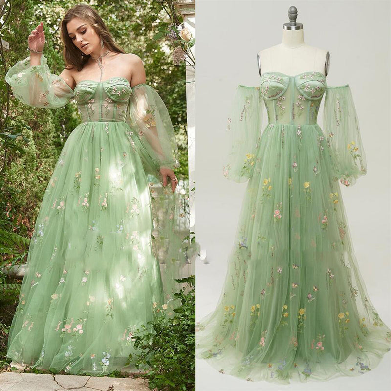 Light sage Green off the shoulder puffy sleeve floral Prom Dress long 2023 PL2364