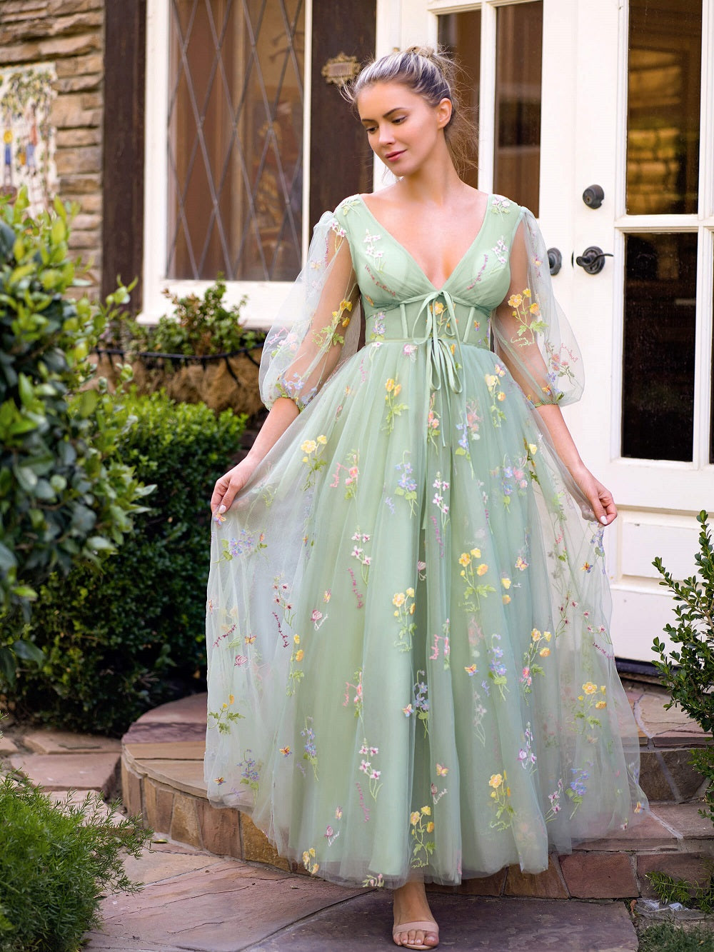 Gorgeous A Line Sweetheart Dark Green Ruffle Tiered Tulle Prom Dress LD062570