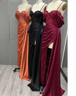 Sexy Slit Beading Embroidered Silk Satin Long Prom Dresses Formal Women Party Gown PL3860