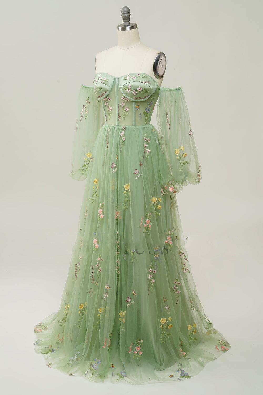 Light sage Green off the shoulder puffy sleeve floral Prom Dress long 2024 PL2364