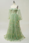 Light sage Green off the shoulder puffy sleeve floral Prom Dress long 2023 PL2364