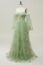 Light sage Green off the shoulder puffy sleeve floral Prom Dress long 2023 PL2364