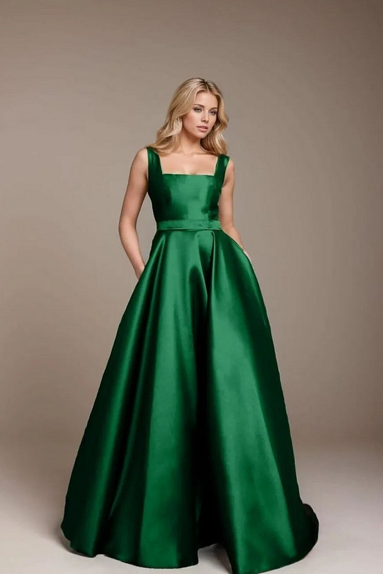 Dark Green Formal Prom Party Dress A Line Long Satin Gown PL627