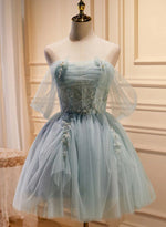 Fancy Tulle and Beads Dusty Light Blue Short Prom Dress with Off the Shoulder SP1010