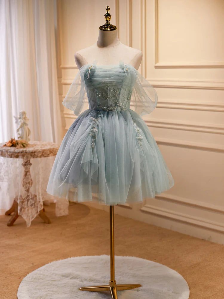 Fancy Tulle and Beads Dusty Light Blue Short Prom Dress with Off the Shoulder SP1010