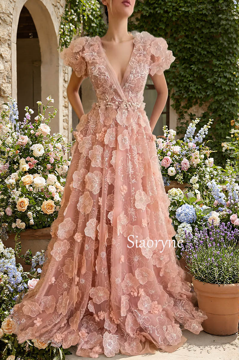 Fancy Pink Flower Long Prom Dress Long 2026