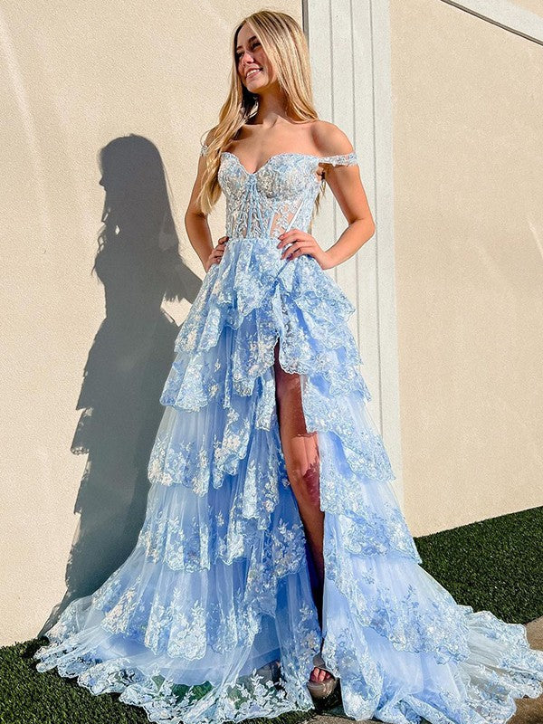 Lavender Lace Slit Lace Prom Long Party Dress PL2376