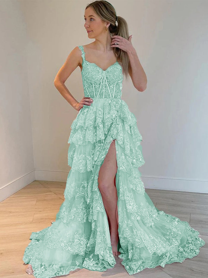 Robe de bal sexy en dentelle à volants et bretelles avec corset PL23712 