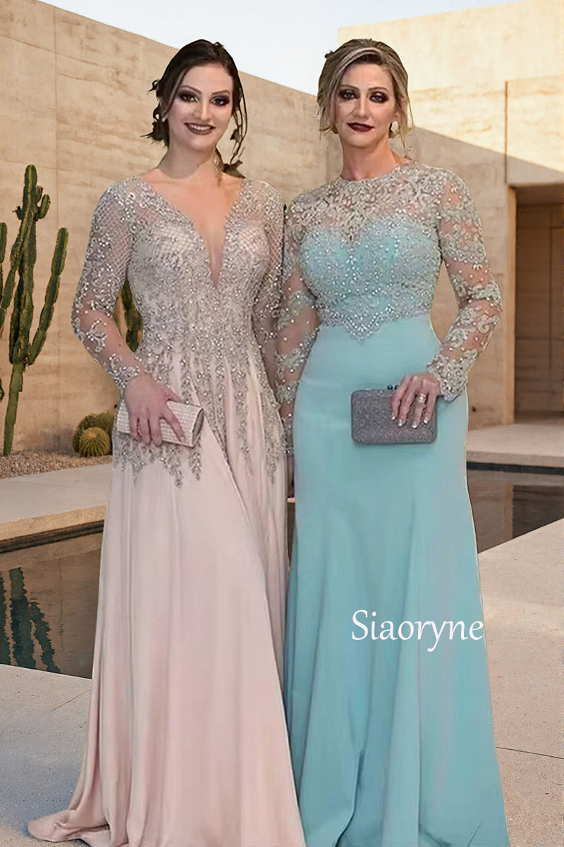 Pink/Blue Long Sleeves Lace Beading Evening Party Dress PL628