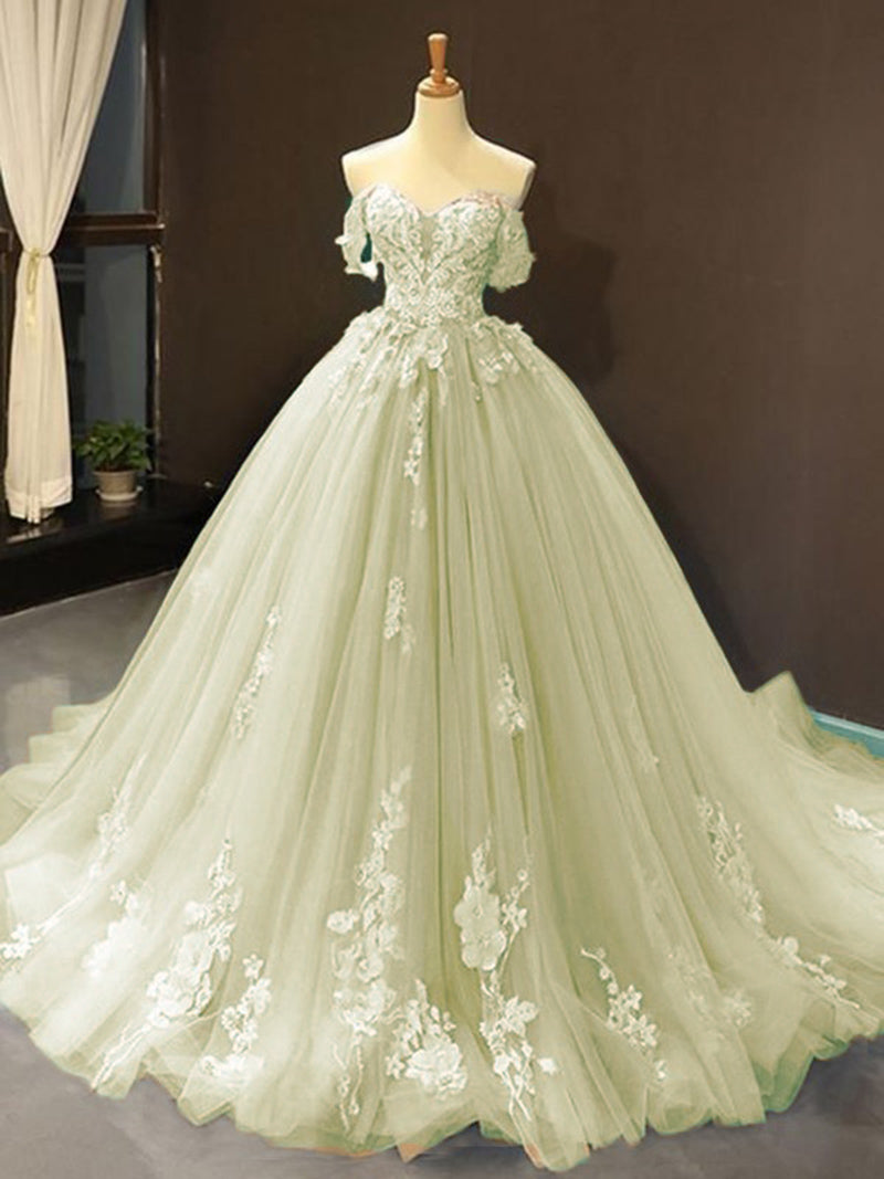 Light Sage Green Ball Gown Prom Dress Lace Appliques Sweet 16 Party Gown PL3371