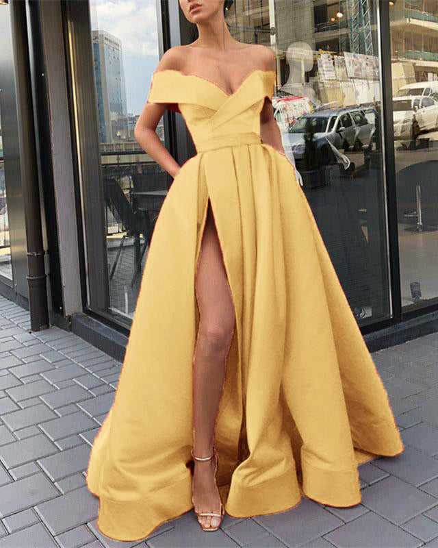 Siaoryne Burgundy Off Shoulder Prom Dresses 2023 Long with Slit Leg & Pockets PL142