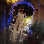 V-Neck Beads Bodice Open Back A Line Long Prom Dress Party