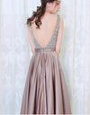 V-Neck Beads Bodice Open Back A Line Long Prom Dress Party