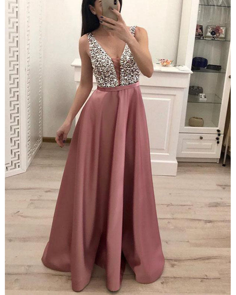 V-Neck Beads Bodice Open Back A Line Long Prom Dress Party