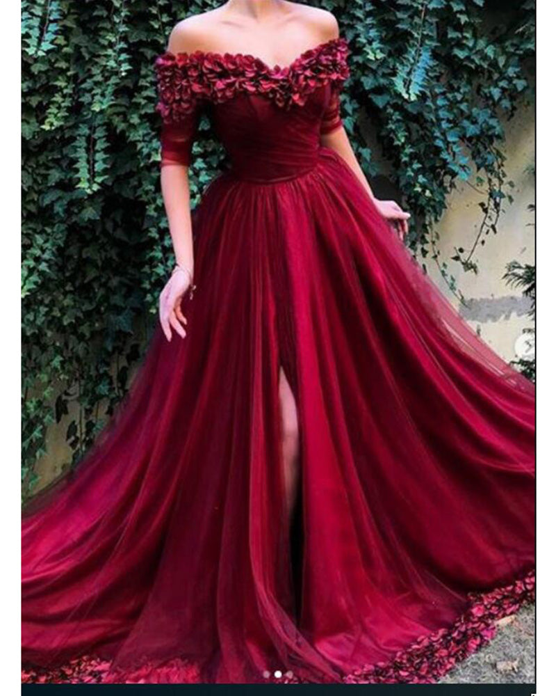 Elegant Long Prom Dresses 2019 Off the Shoulder Burgundy Flowers Formal with Slit