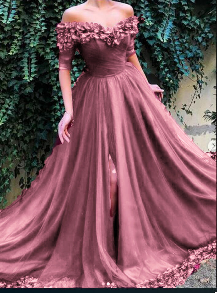 Elegant Long Prom Dresses 2019 Off the Shoulder Burgundy Flowers Formal with Slit