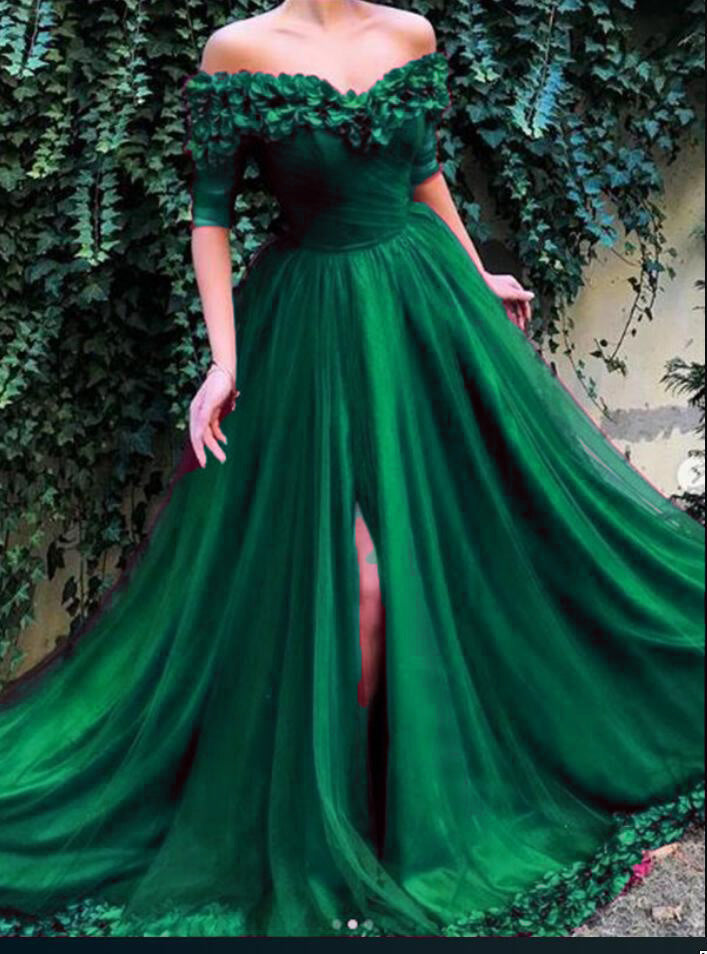 Elegant Long Prom Dresses 2019 Off the Shoulder Burgundy Flowers Formal with Slit