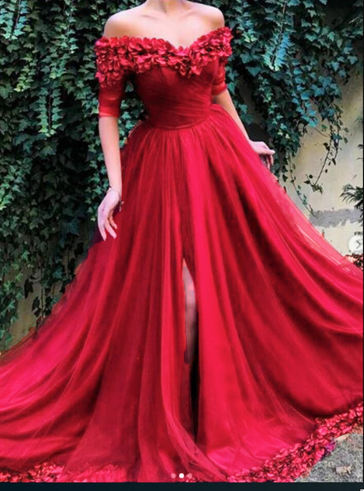 Elegant Long Prom Dresses 2019 Off the Shoulder Burgundy Flowers Formal with Slit