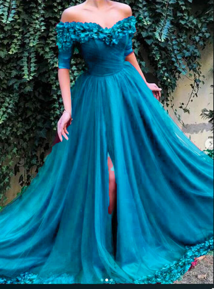 Long Off the Shoulder Red Tulle Dress Prom Party Gown with Slit PL844