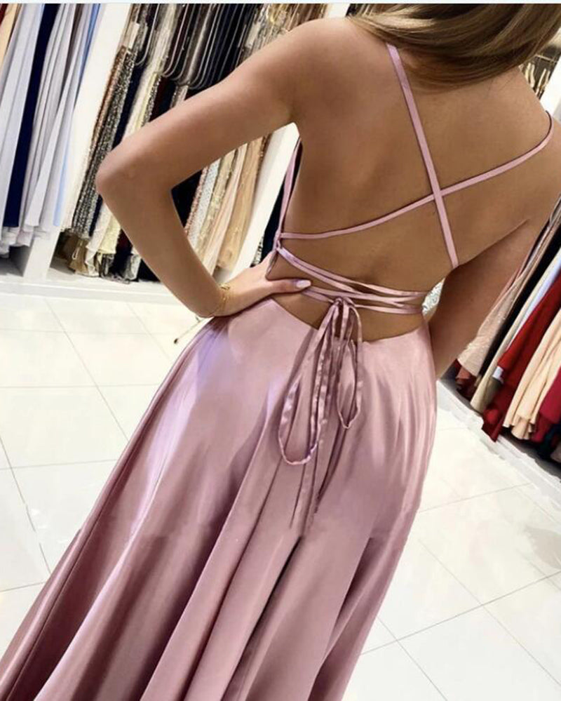 Elegant Halter Satin Dust Pink Long Prom Dress with Split Leg, Evening Dress Long PL0615