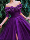 Elegant Long Prom Dresses 2019 Off the Shoulder Burgundy Flowers Formal with Slit