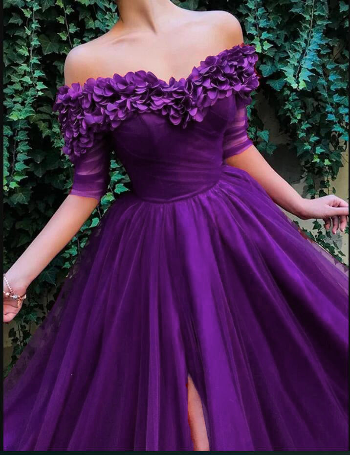 Elegant Long Prom Dresses 2019 Off the Shoulder Burgundy Flowers Formal with Slit