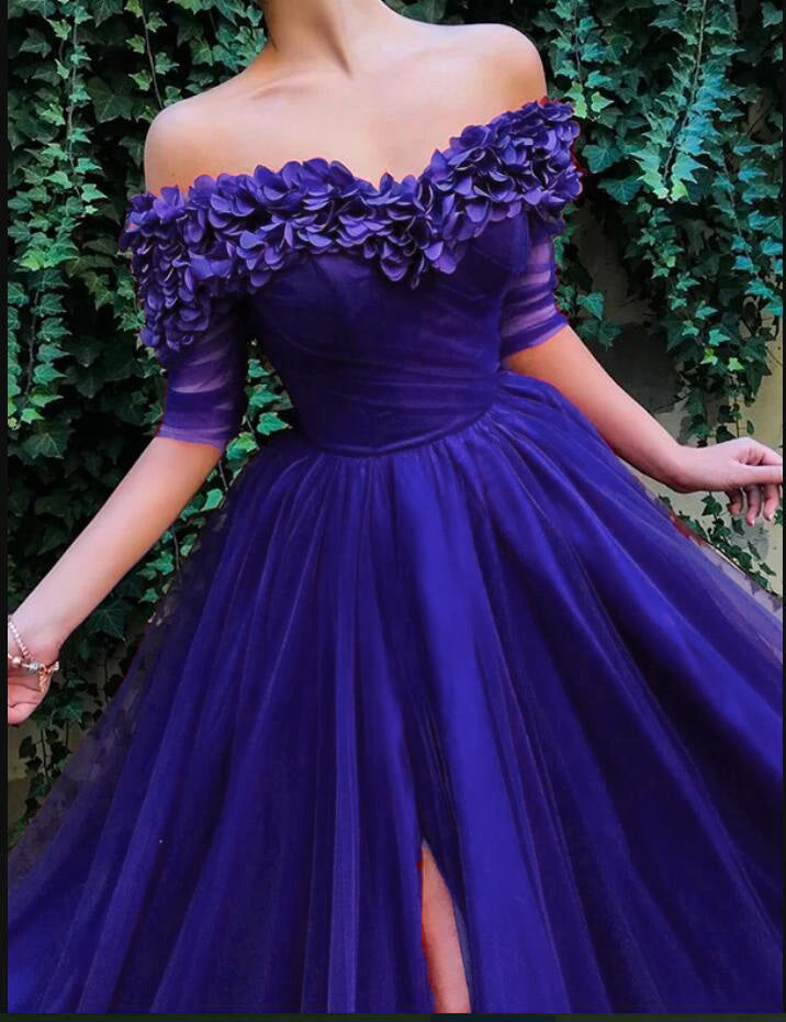 Long Off the Shoulder Red Tulle Dress Prom Party Gown with Slit PL844