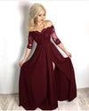 Fancy Black Half Sleeves lace Long Party Formal Prom Dresses for Girls with Slit